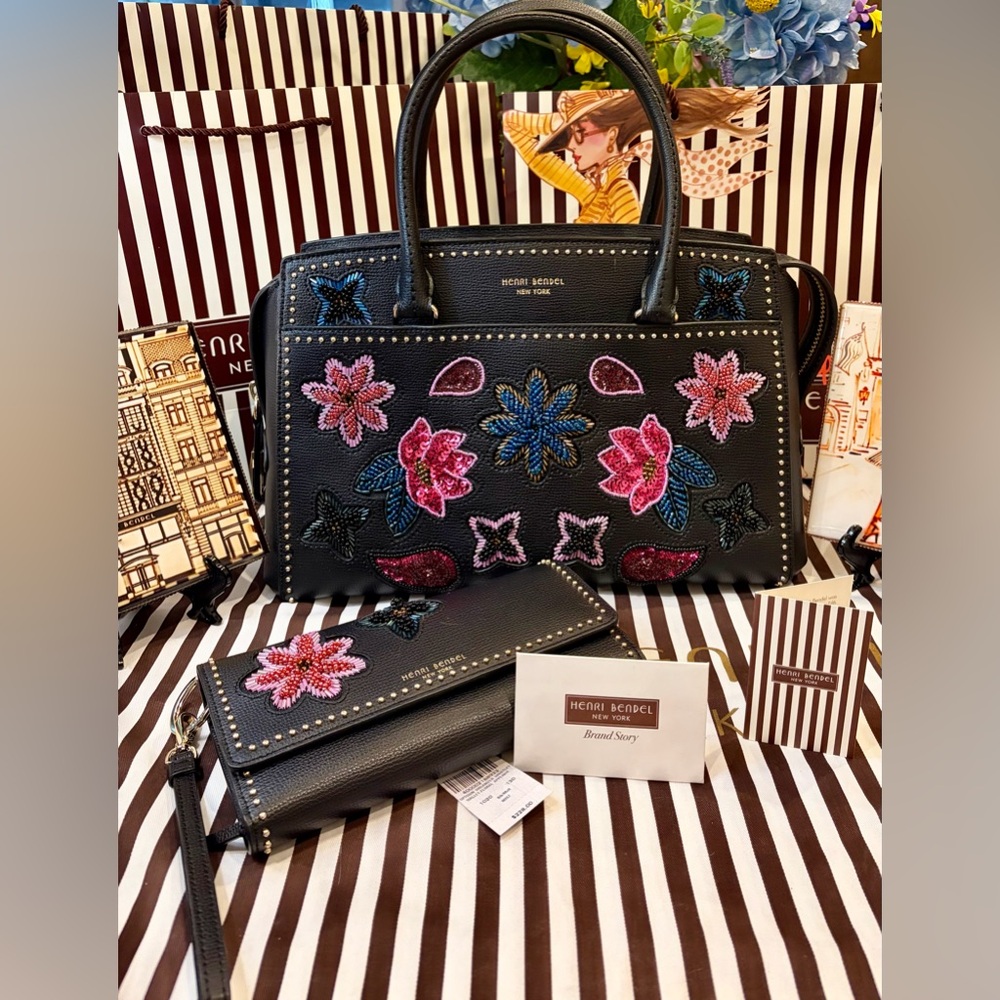 NWT HENRI BENDEL Black Floral Beaded Satchel w/Matching Wristlet/Wallet Holds 💄